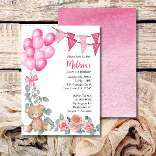 Beary First Birthday Pink Balloon Invitation