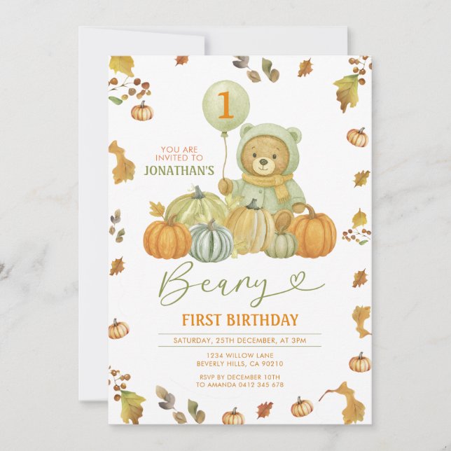 Beary First Birthday Pumpkin Green Autumn Leaves Invitation (Front)