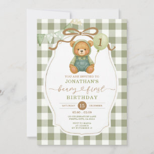 Beary First Birthday Pumpkin Sage Green Gingham Invitation