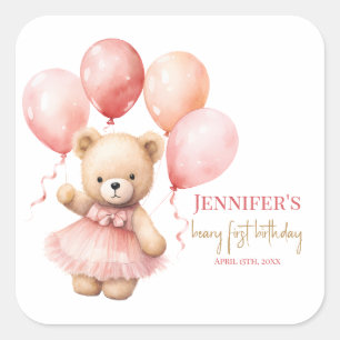 Beary First Birthday Square Favor Labels Princes