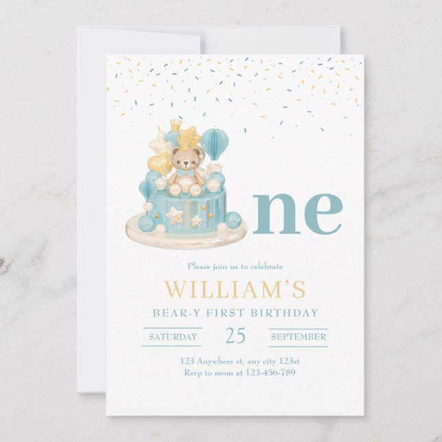 Beary First Birthday, Teddy Bear 1st Birthday  Invitation (Front)