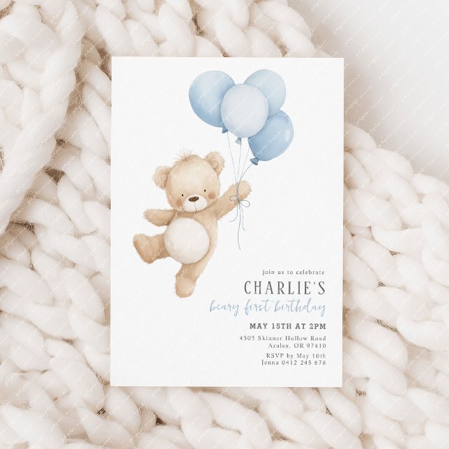 Beary First Blue Balloon Boy 1st Birthday Teddy Invitation (Beary 1st Birthday! Boys first birthday invitation with blue balloons and cute teddy bear.)