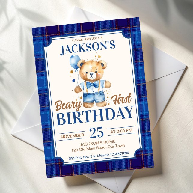 Beary first boys birthday cute teddy blue balloon invitation (Beary first boys birthday party invites cute teddy with balloon blue plaid invitation cards template)
