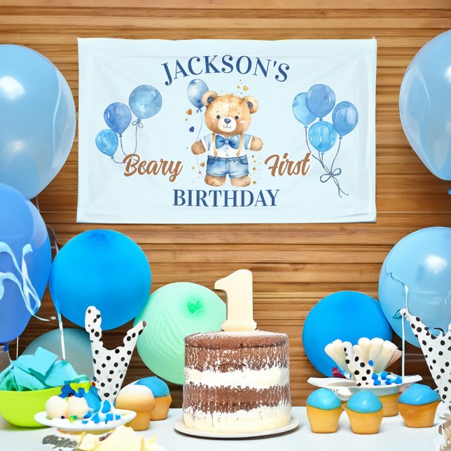Beary first happy birthday cute teddy blue balloon banner (Creator Uploaded)