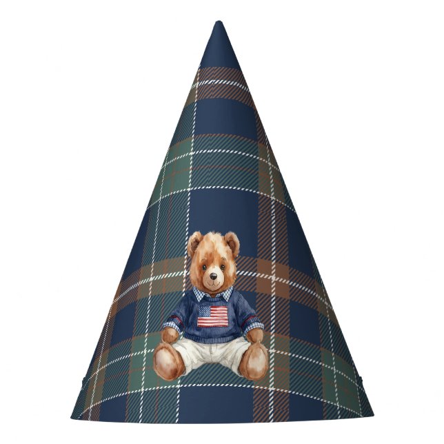 Beary First Navy Plaid Teddy Bear Birthday Party H Party Hat (Front)