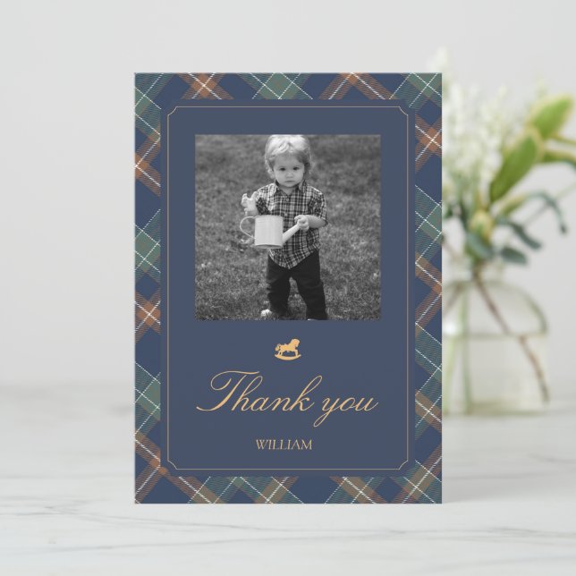 Beary First Navy Plaid Teddy Bear Birthday Thank You Card (Standing Front)