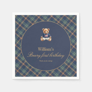 Beary First Navy Plaid Teddy Bear Boy Birthday Napkin