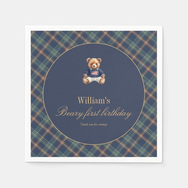 Beary First Navy Plaid Teddy Bear Boy Birthday  Napkin (Front)