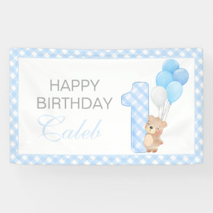 Beary First Teddy Bear Blue gingham Birthday Party Banner