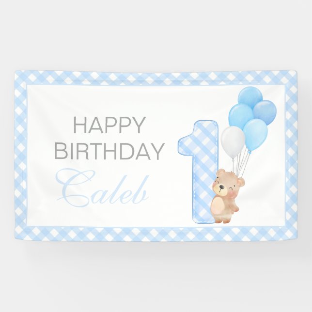 Beary First Teddy Bear Blue gingham Birthday Party Banner (Horizontal)