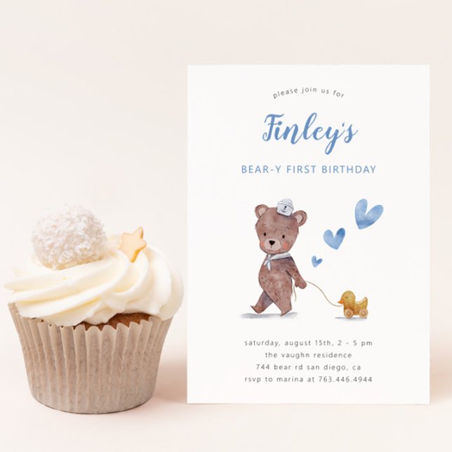 Beary First Teddy Bear Boy Birthday Part Invitation (Creator Uploaded)