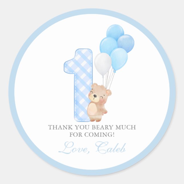 Beary First Teddy Bear Boy Birthday Party Classic Round Sticker (Front)