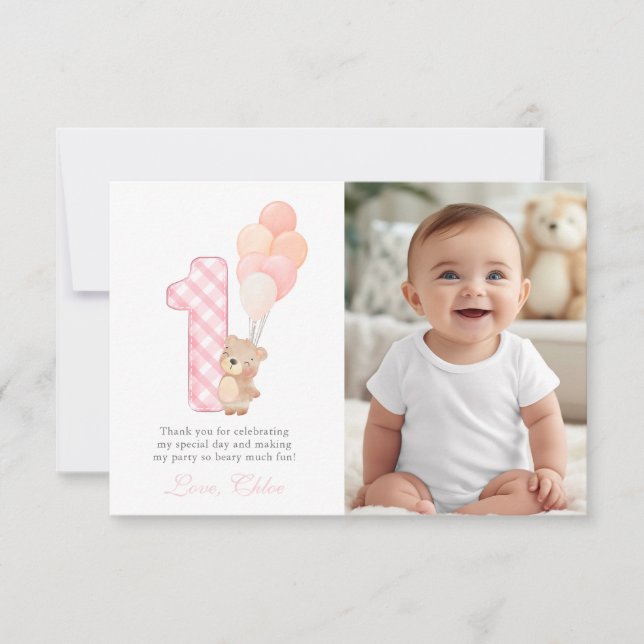 Beary First Teddy Bear Girl Birthday Party guest  Thank You Card (Front)