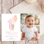 Beary First Teddy Bear Girl Birthday Party photo Invitation<br><div class="desc">Beary First Teddy Bear holding Pink Balloons 1st Girl Birthday Party Invitation Beautiful soft watercolor sweet bear holding pink balloons & Pink Grigham number 1 (ONE) Baby Birthday Party Invitation. Quickly and easily personalise with your own wording by simply pressing the customise it button to add your own information and/or...</div>
