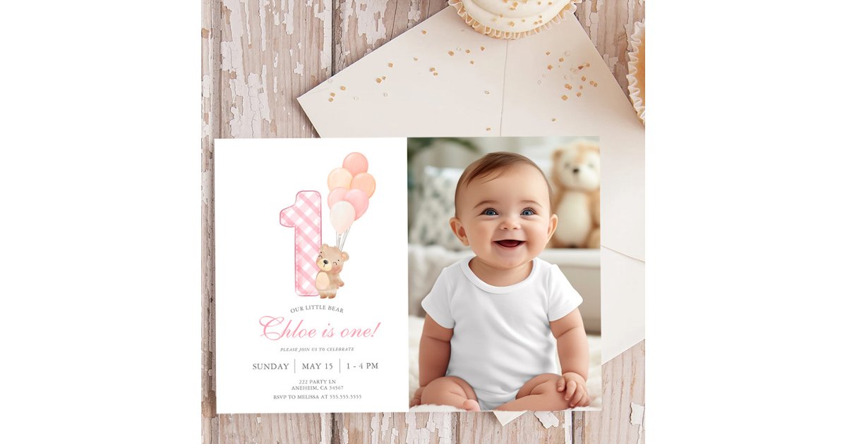 Beary First Teddy Bear Girl Birthday Party photo Invitation | Zazzle
