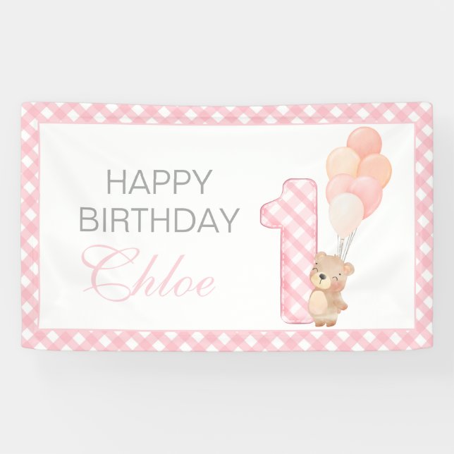 Beary First Teddy Bear Girl gingham Birthday Party Banner (Horizontal)