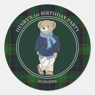 Beary first teddy bear green plaid birthday favor classic round sticker