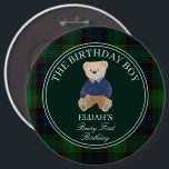 Beary first teddy bear green plaid birthday party 6 cm round badge<br><div class="desc">Beary first birthday party birthday boy button navy blue emerald green plaid vintage polo teddy bear birthday party personalised buttons, teddy bear party elegant monogrammed buttons, cute teddy bear birthday uttons , simple modern boys birthday party personalised name buttons, birthday buttons, emerald green plaid birthday party personalised party supplies, classic...</div>