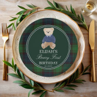 Beary first teddy bear green plaid birthday party