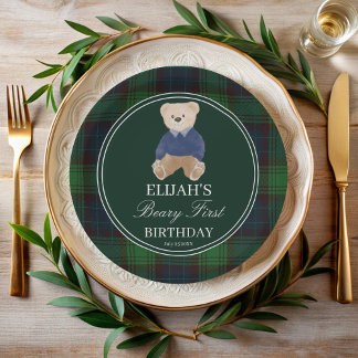 Beary first teddy bear green plaid birthday party paper plate
