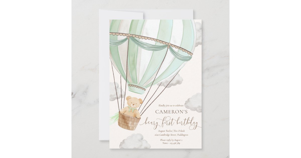 Beary First Teddy Bear Hot Air Balloon Birthday Invitation | Zazzle