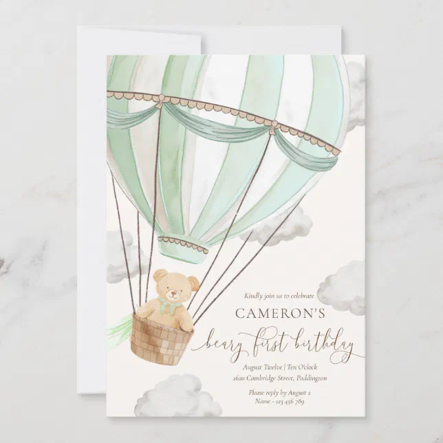 Beary First Teddy Bear Hot Air Balloon Birthday Invitation | Zazzle