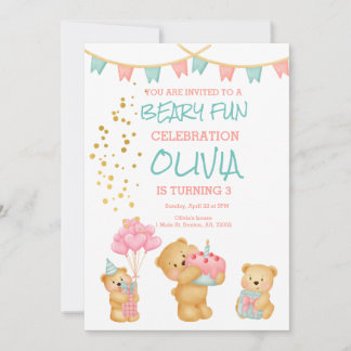 Beary fun birthday with cake, bears, pink, teal invitation