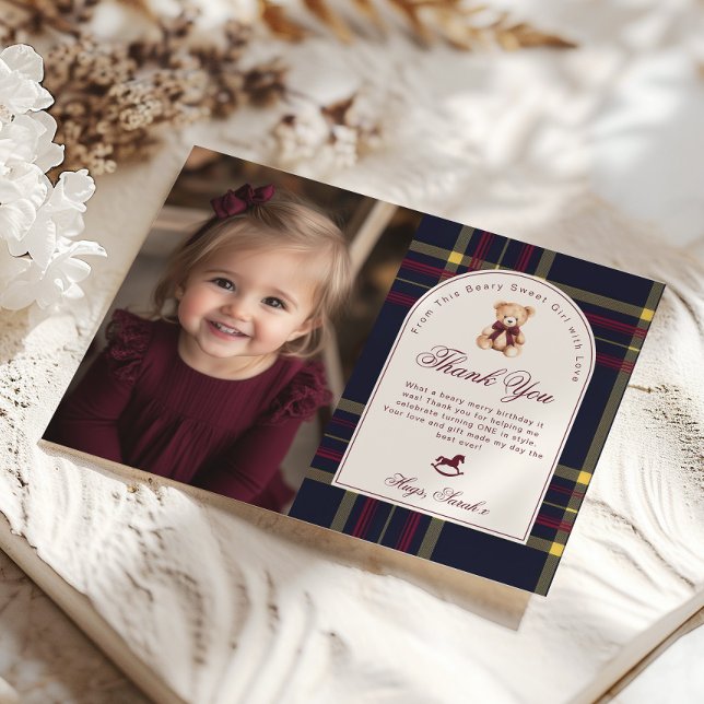 Beary Fun Preppy Girl 1st Birthday Thank you Card (Creator Uploaded)