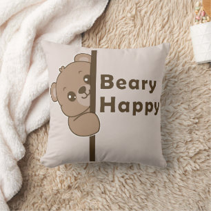 Beary Happy Cute Peeking Bear Doodle Kawaii Art Cushion