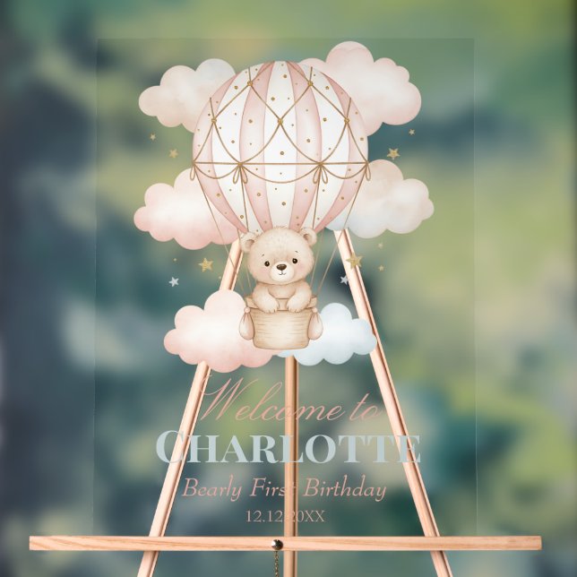 Beary  Hot Air Balloon 1st Birthday Welcome Acrylic Sign (Neutral)