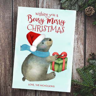 Beary Merry Christmas Cute Bear Santa Hat Holiday Card