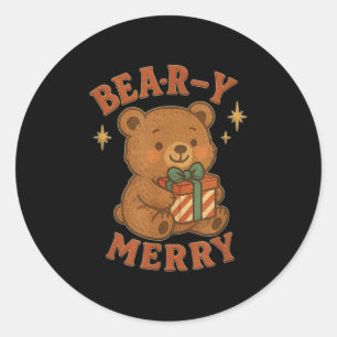 Beary Merry Cute Retro Christmas Bear Gift Box Vin Classic Round Sticker