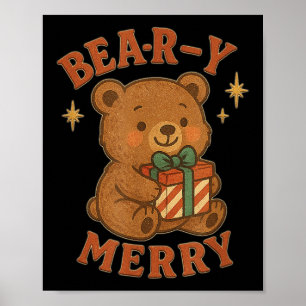 Beary Merry Cute Retro Christmas Bear Gift Box Vin Poster