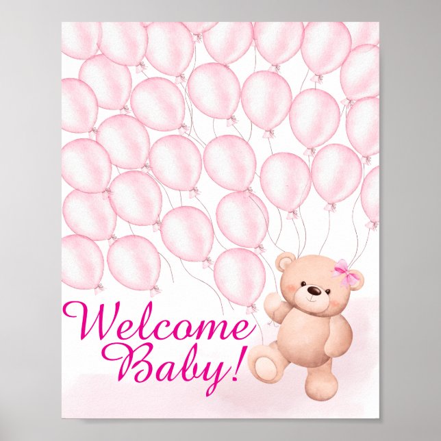 Beary Pink Baby Shower Poster (Front)