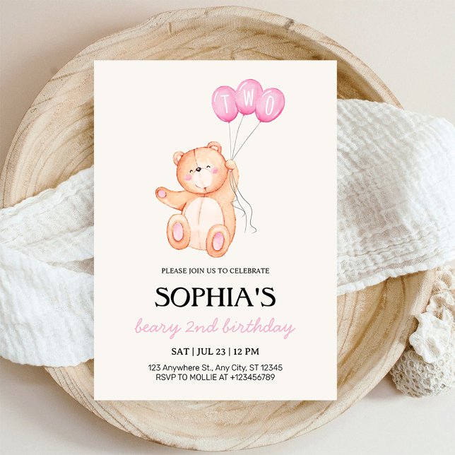 Beary Pink Balloon 2nd Birthday Teddy Invitation (Creator Uploaded)