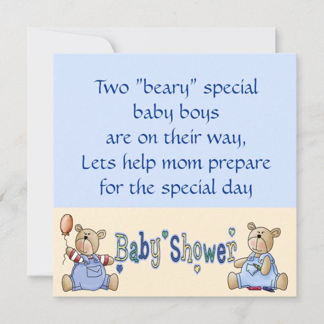 Beary Special Twin Boy Baby Shower Invites (Front)
