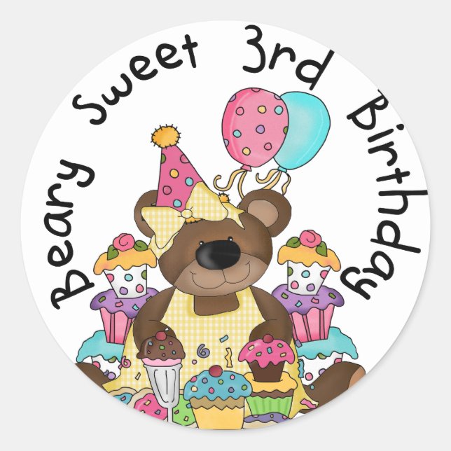 Beary Sweet 3rd Birthday Tshirts and Gifts Classic Round Sticker (Front)