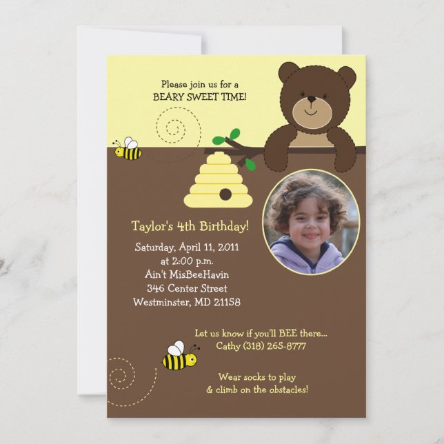 Beary Sweet Bear & Bee 5x7 Birthday Invitation (Front)