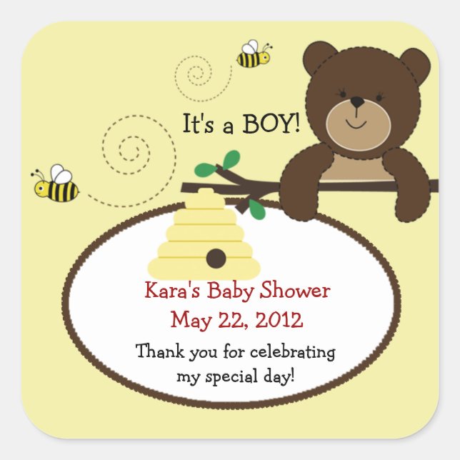 Beary Sweet Bear & Bee SQUARE Favour Sticker (Front)