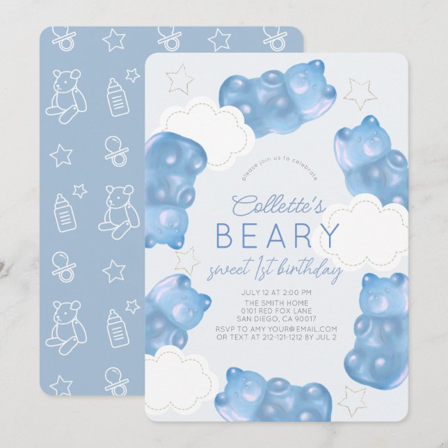 Beary Sweet Blue Gummy Bear Boy 1st Birthday Invitation (Front/Back)