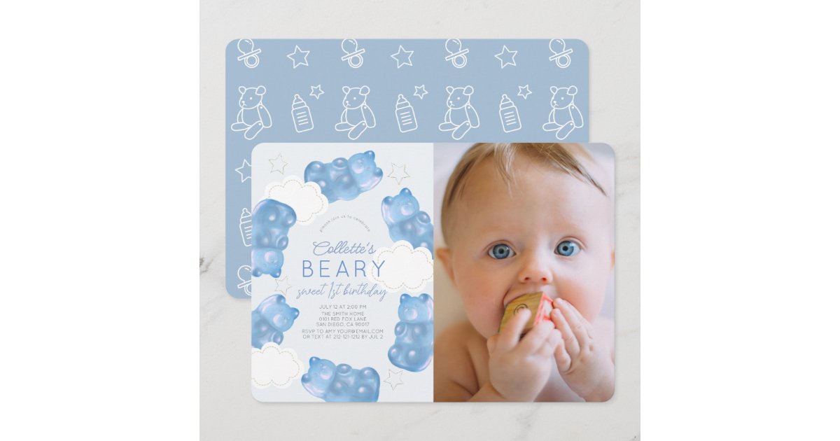 Beary Sweet Blue Gummy Bear Boy Photo 1st Birthday Invitation | Zazzle