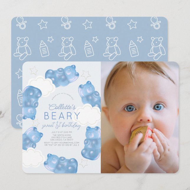 Beary Sweet Blue Gummy Bear Boy Photo 1st Birthday Invitation (Front/Back)