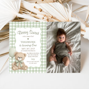 Beary Sweet Green Balloon Birthday Teddy Photo Invitation