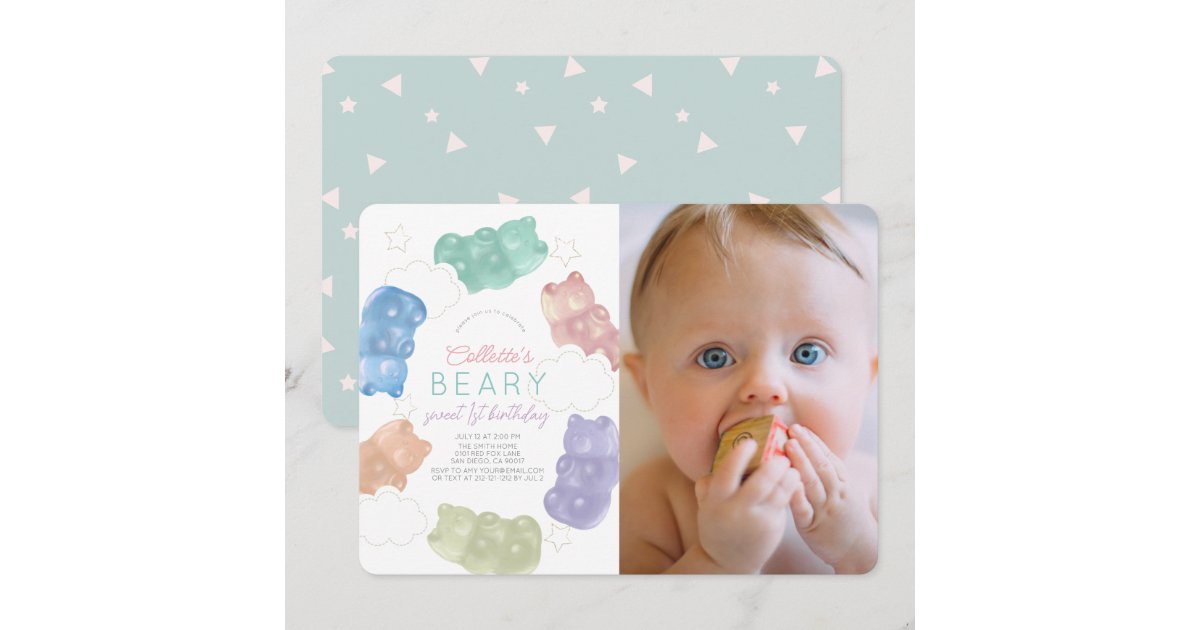 Beary Sweet Gummy Bear Girl Photo 1st Birthday Invitation | Zazzle