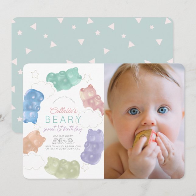 Beary Sweet Gummy Bear Girl Photo 1st Birthday Invitation (Front/Back)