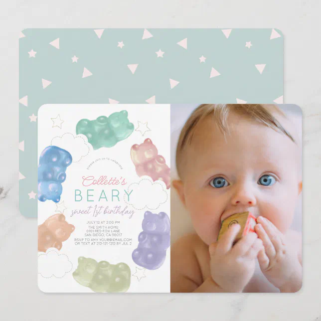 Beary Sweet Gummy Bear Girl Photo 1st Birthday Invitation | Zazzle
