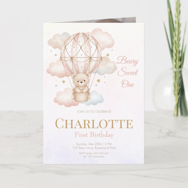 Beary Sweet Hot Air Balloon 1st Birthday Photo Invitation (Front)