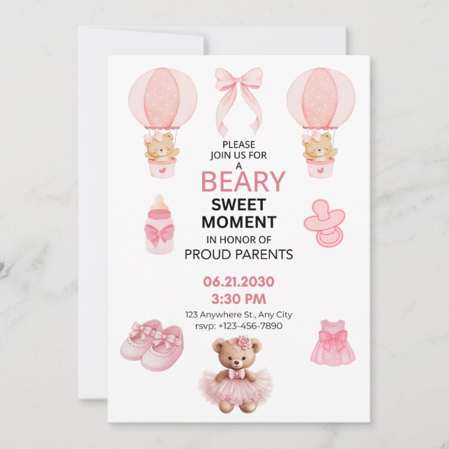BEARY SWEET MOMENT GIRL 5X7 FLAT BABY SHOWER  INVITATION (Front)