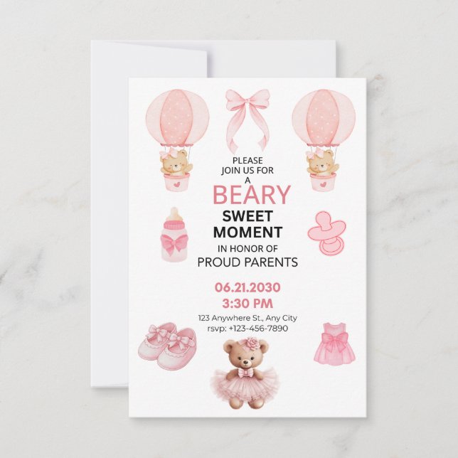 BEARY SWEET MOMENT GIRL BABY SHOWER SAVE THE DATE (Front)