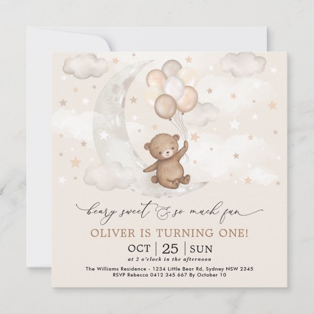 Beary Sweet Moon & Stars Teddy Bear 1st Birthday Invitation (Front)